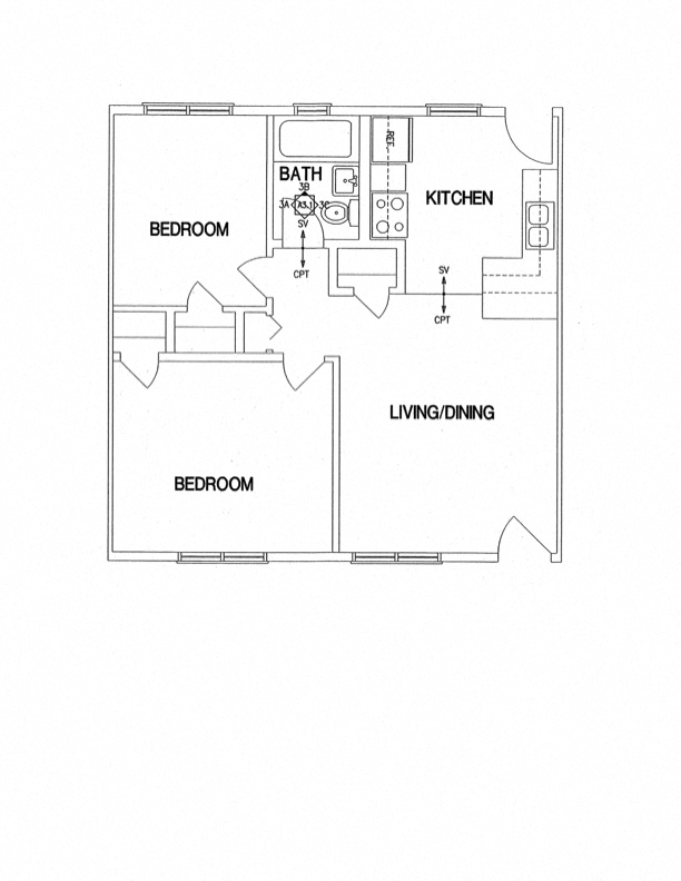 Floor plan for 2 beds, 1 bath, 675 sqft